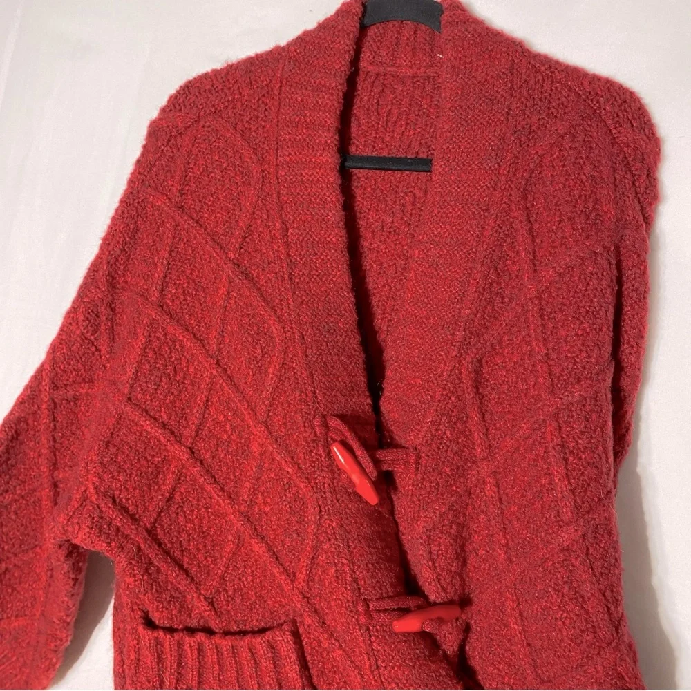 Vintage Oversized Red Chunky Textured Diamond Knit Cardigan Sweater W Toggles XL - Picture 9 of 14